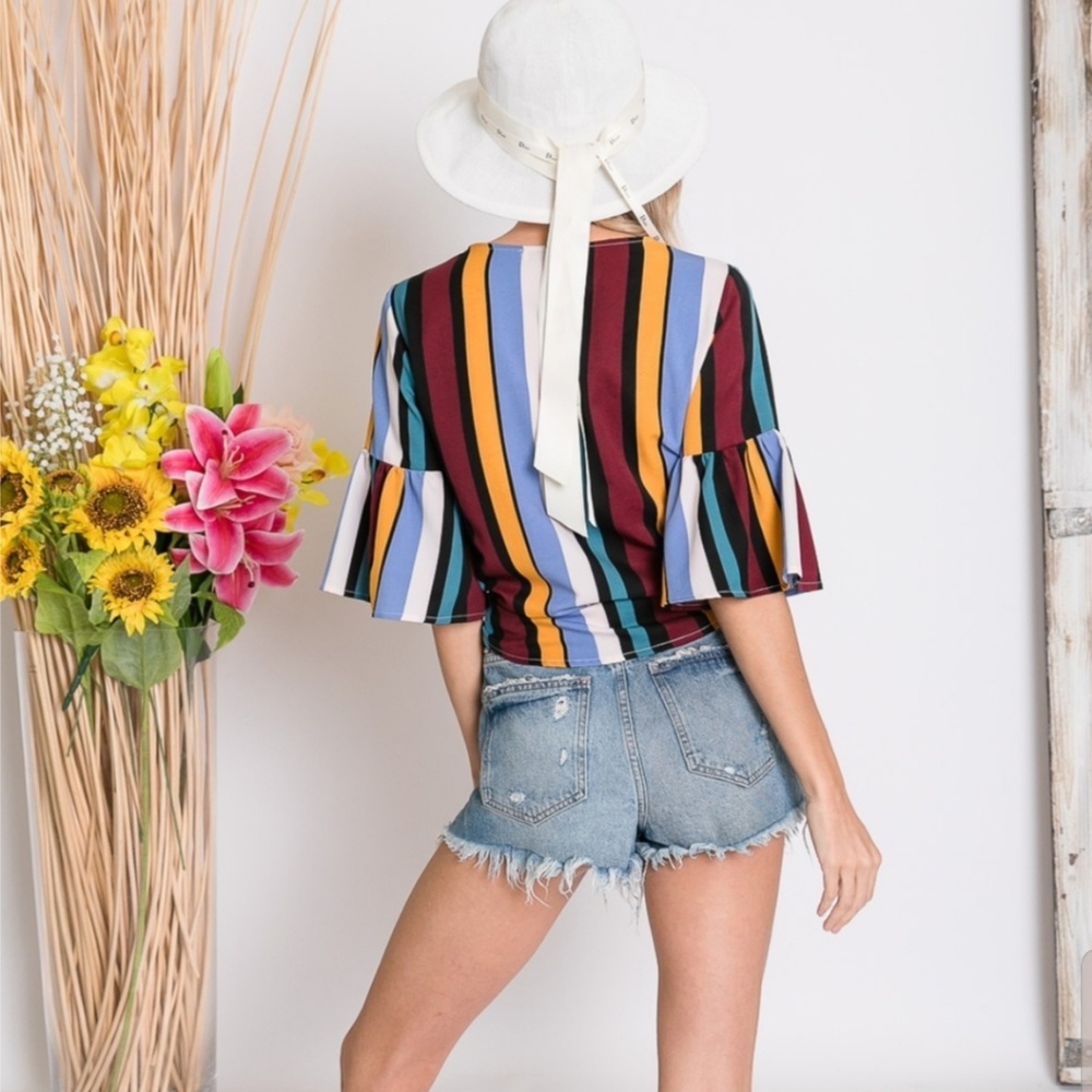 🔴5/$25 🎉HP🎉Multi Striped Bell Sleeve Blouse - Picture 5 of 8